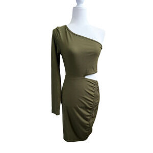 NWT Women's One Arm Cut Midriff Army Green Dress Sexy Club Night Medium